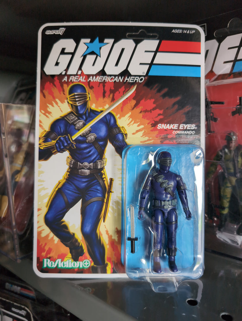 Hasbro Snake Eyes Commando blue action figure from G.I. Joe ReAction+ series in vintage packaging