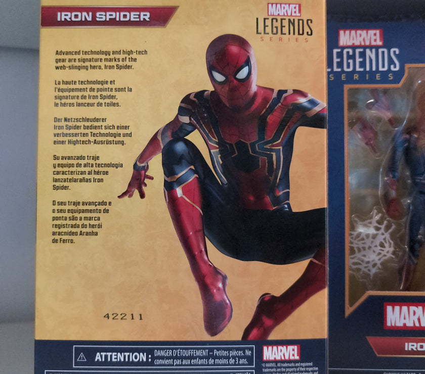 Hasbro Marvel Legends Iron Spider 6-inch action figure in detailed packaging with red and gold suit artwork