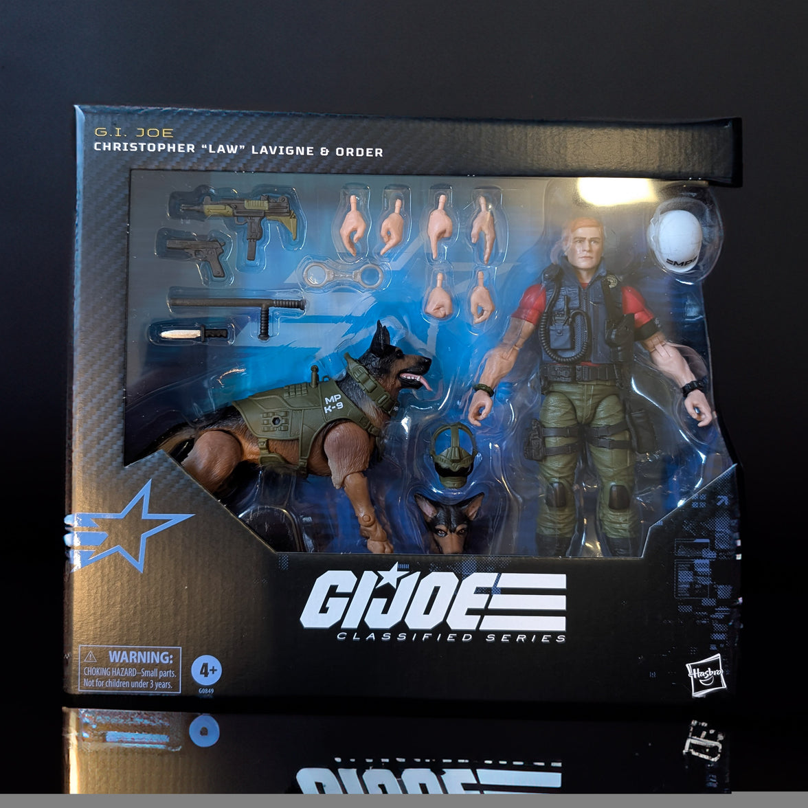 G.I. Joe Classified Series Christopher Law Lavigne action figure and K-9 Order with accessories in packaging