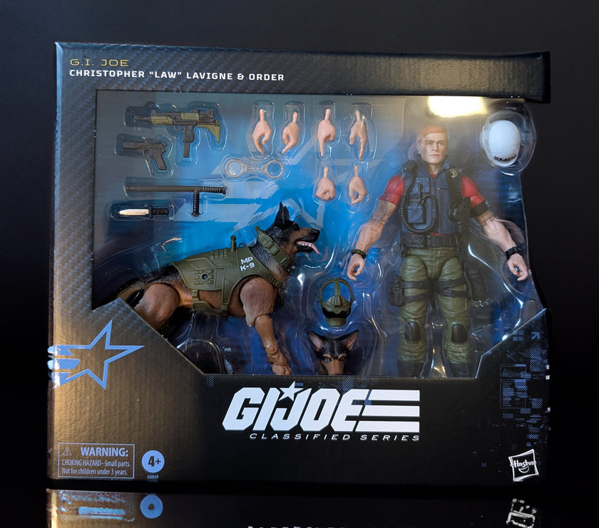 G.I. Joe Classified Series Christopher Law Lavigne action figure and K-9 Order with accessories in packaging