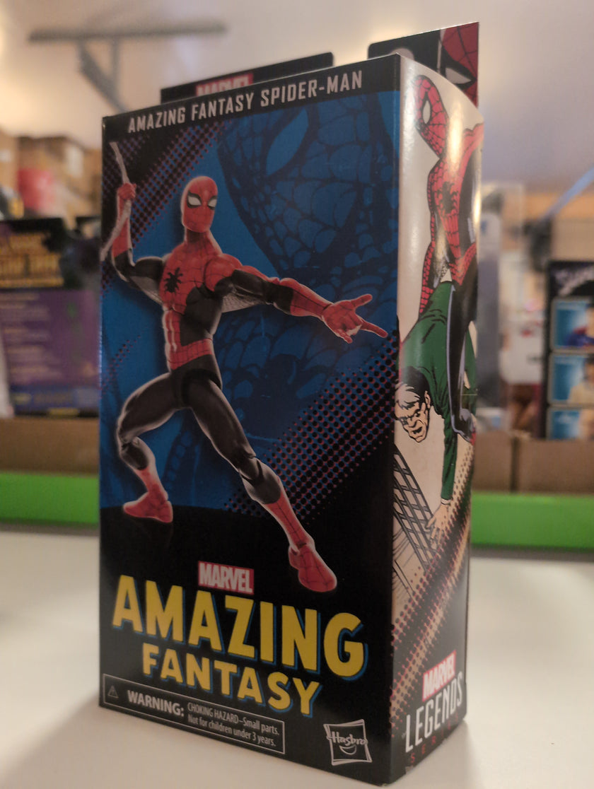 Hasbro Marvel Legends 6-inch Amazing Fantasy Spider-Man action figure packaging with classic comic art design.