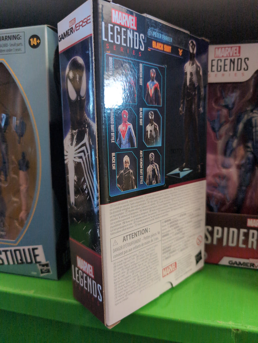 Hasbro Marvel Legends Black Suit Spider-Man action figure from Gamerverse displayed in retail packaging on shelf.