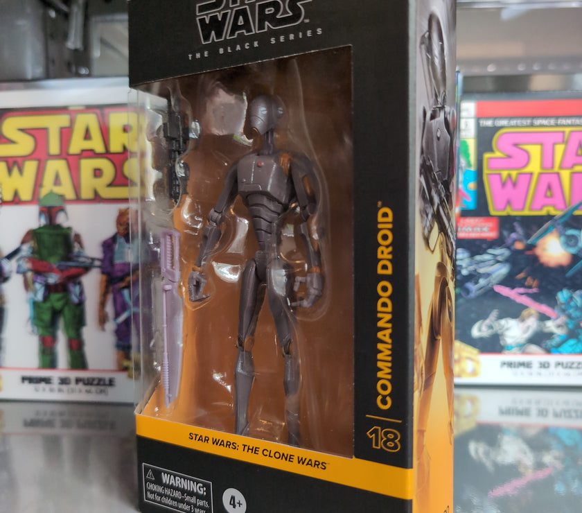 Hasbro Star Wars Black Series 1:12 scale Commando Droid action figure with blaster and vibrosword accessories