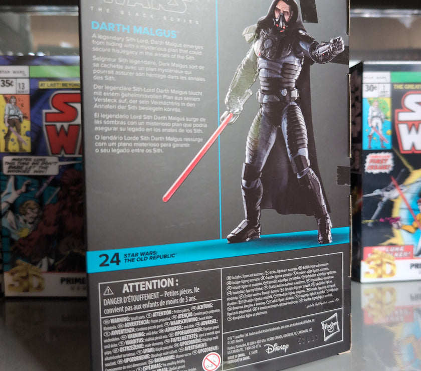 Hasbro Star Wars Black Series Darth Malgus 6-inch action figure with lightsaber and removable mask packaging back view