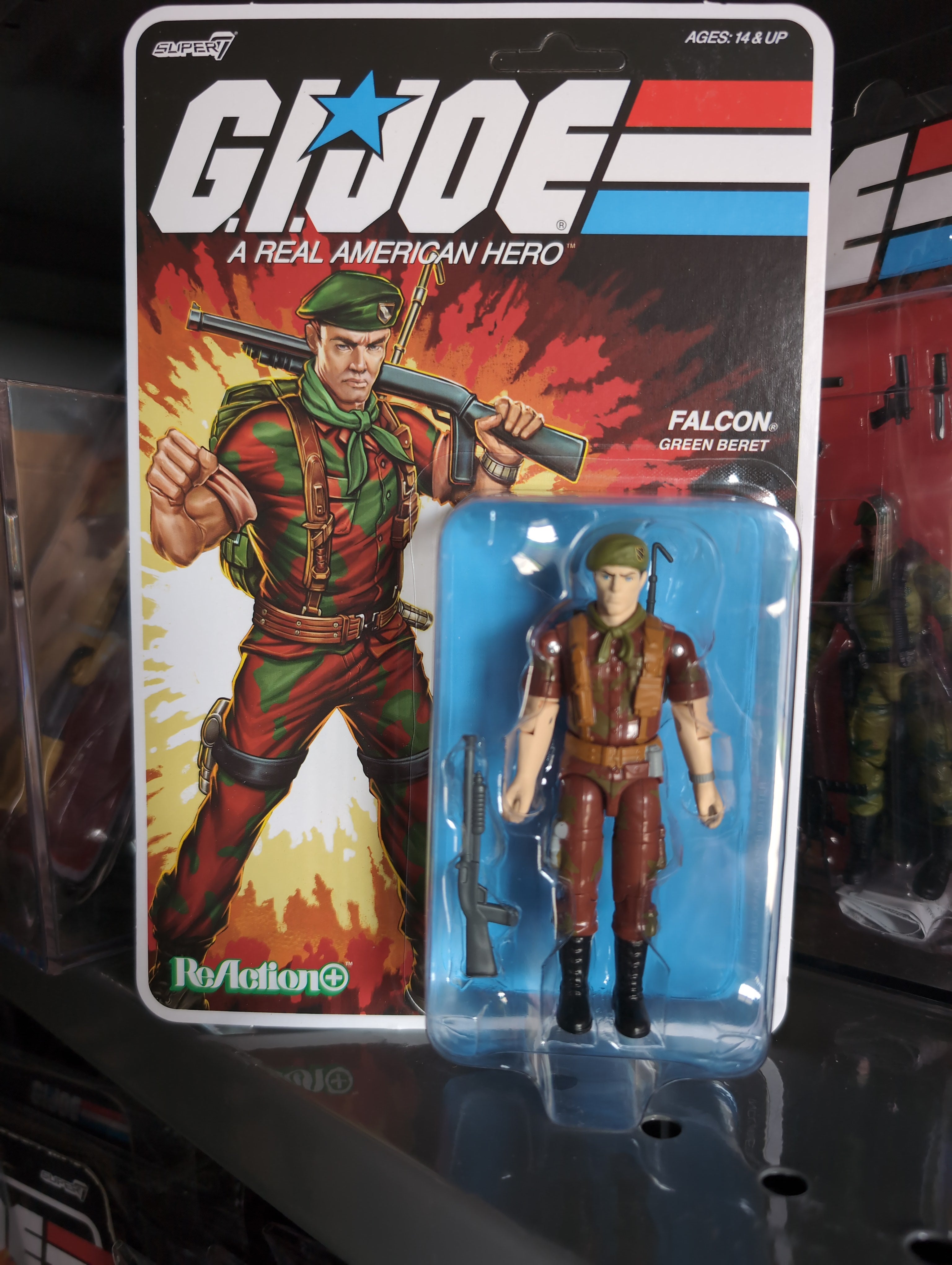 Hasbro G.I. Joe Lt. Falcon action figure in original packaging with green beret and rifle accessory.