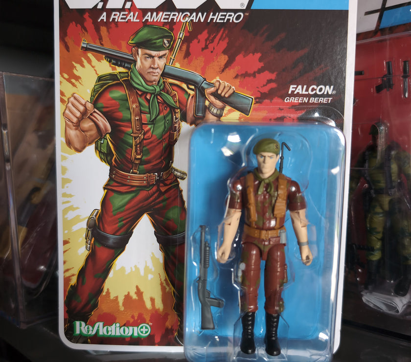 Hasbro G.I. Joe Lt. Falcon action figure in original packaging with green beret and rifle accessory.