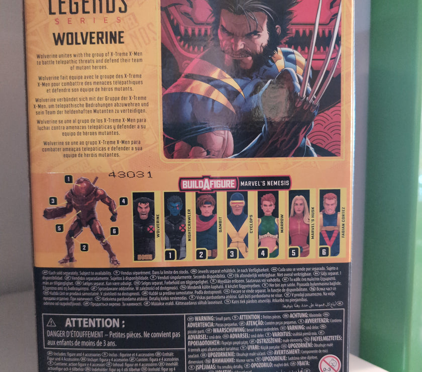 Back of Hasbro Marvel Legends Wolverine Xtreme X-Men 6-inch action figure packaging with character details.