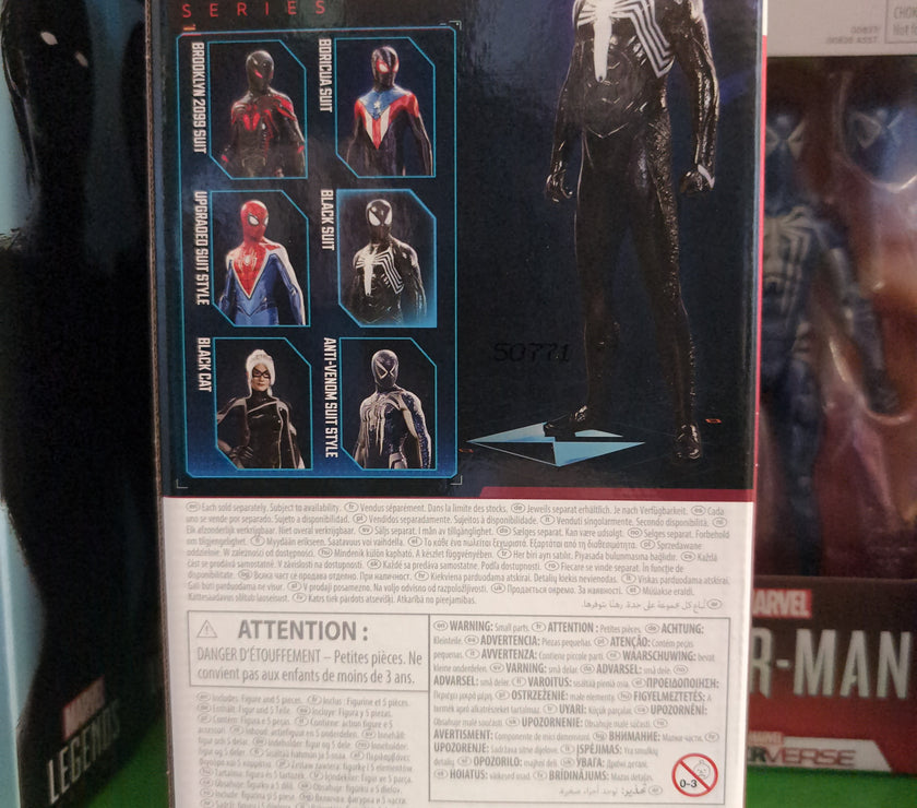 Hasbro Marvel Legends Peter Parker Black Suit action figure packaging featuring game-accurate design and character variants.