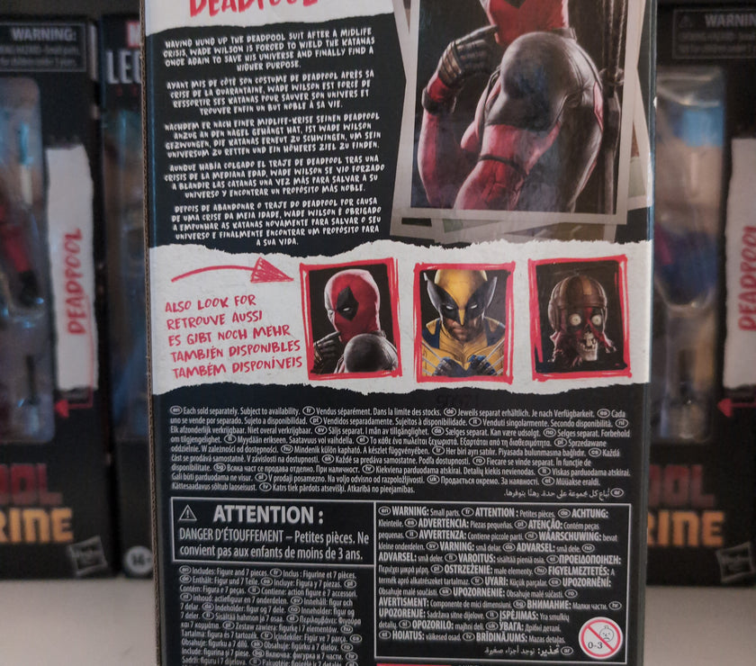 Hasbro Marvel Legends Deadpool action figure packaging showing character images and product information.