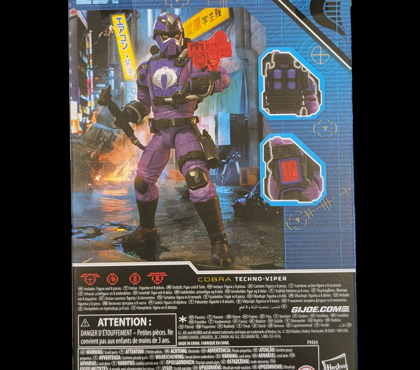 Hasbro Cobra Techno-Viper GI Joe Classified Series 6-inch action figure in detailed purple armor with weapons and accessories.