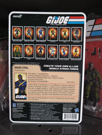 Hasbro G.I. Joe Snake Eyes Commando figure packaging showing character stats and other figures in the series.