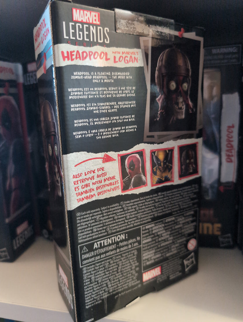 Hasbro Marvel Legends Headpool and Logan action figure box showing product details and character images.
