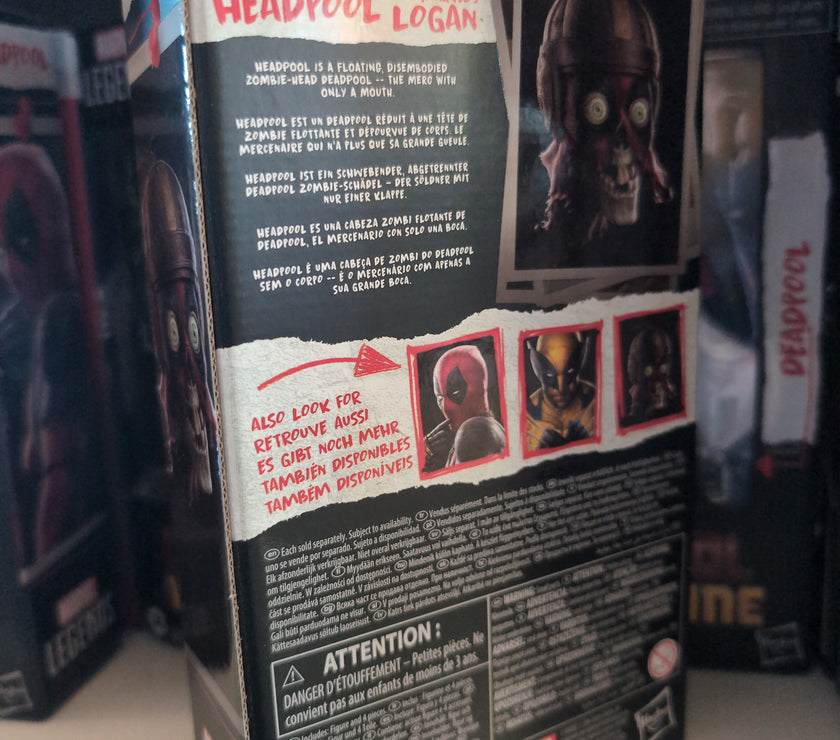 Hasbro Marvel Legends Headpool and Logan action figure box showing product details and character images.