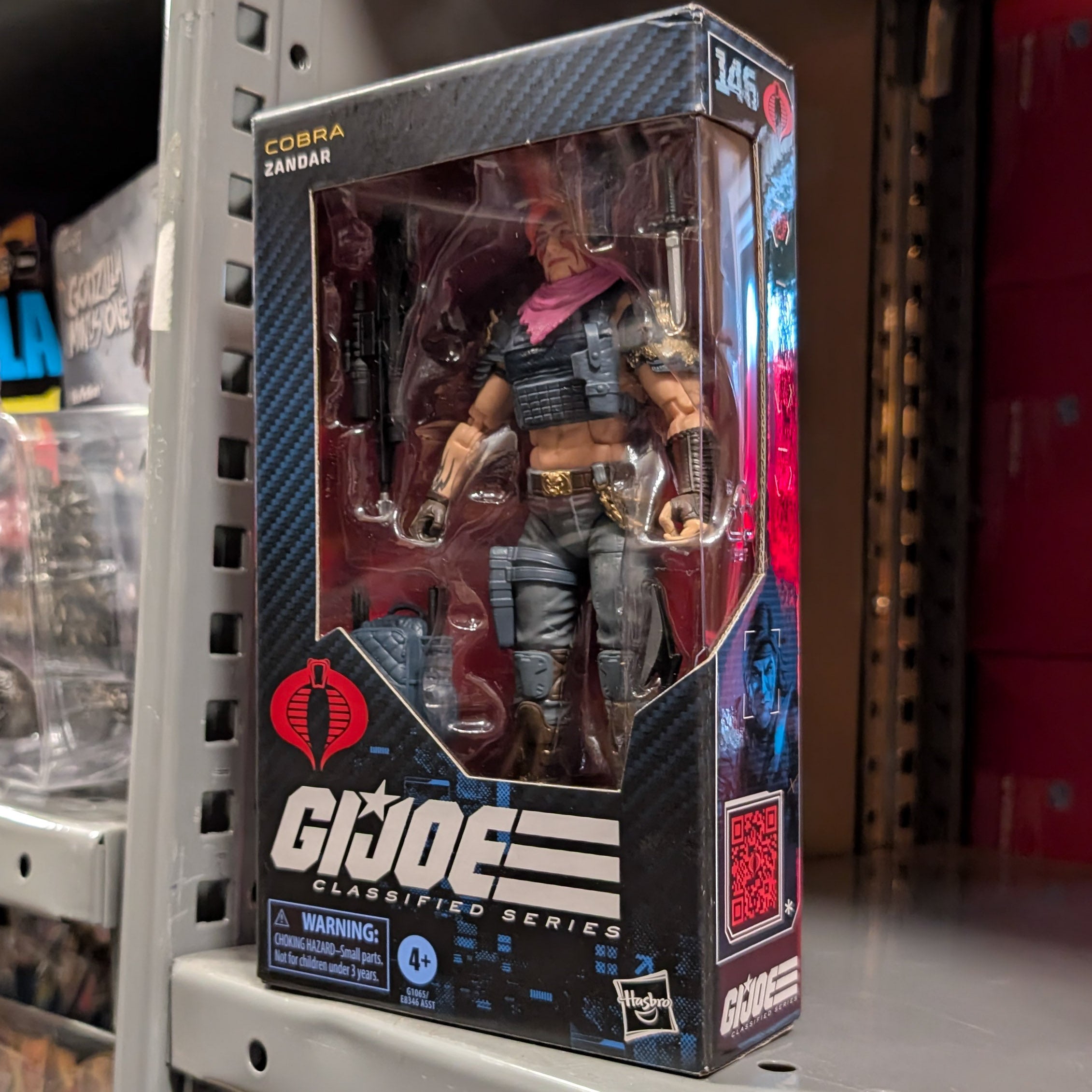 Hasbro GI Joe Classified Series 6-inch Zandar action figure in window box with weapons and accessories displayed on shelf