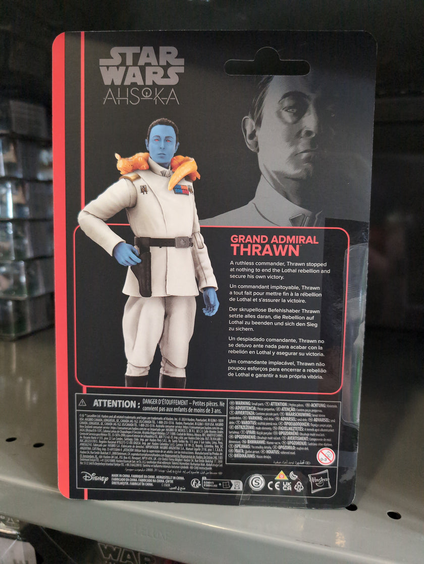 Hasbro Star Wars The Black Series Grand Admiral Thrawn action figure with blue skin and white Imperial uniform in package