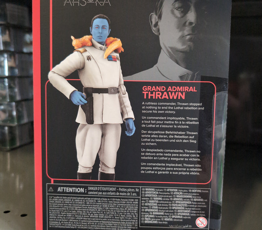 Hasbro Star Wars The Black Series Grand Admiral Thrawn action figure with blue skin and white Imperial uniform in package