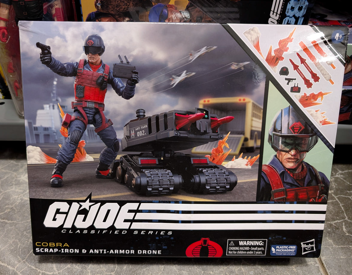 Hasbro GI Joe Classified Series 6-inch Cobra Scrap-Iron and Anti-Armor Drone action figure in box packaging display