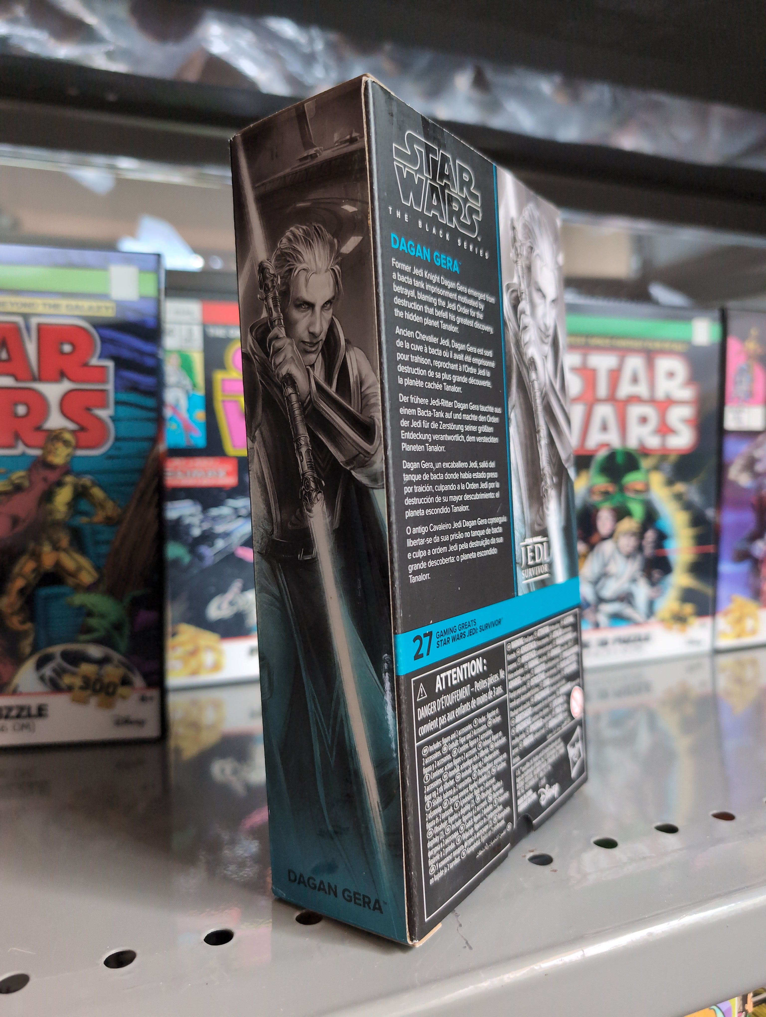 Hasbro Star Wars Black Series Dagan Gera action figure packaging showing character artwork and product details.