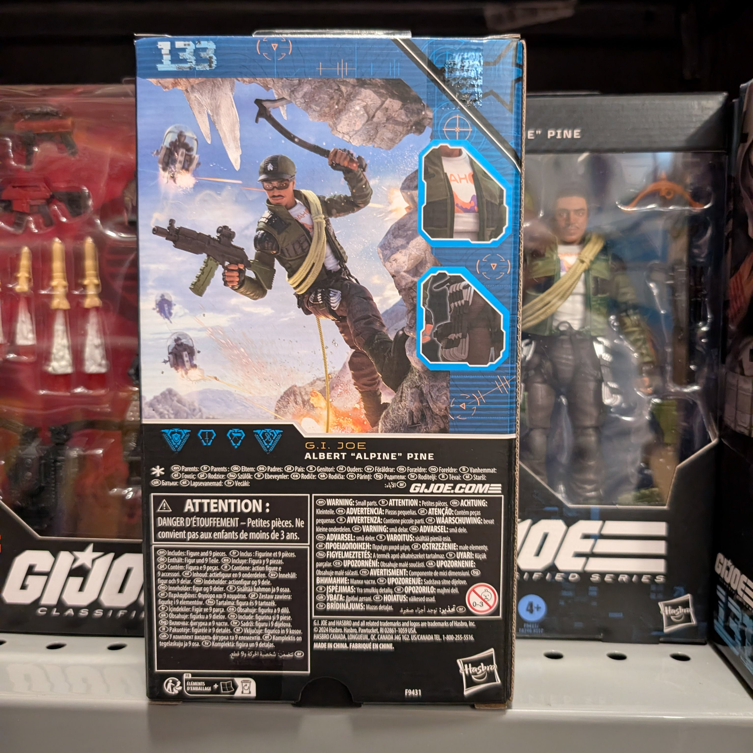 Hasbro G.I. Joe Classified Series Albert Alpine Pine 6-inch action figure packaging back view with accessories display
