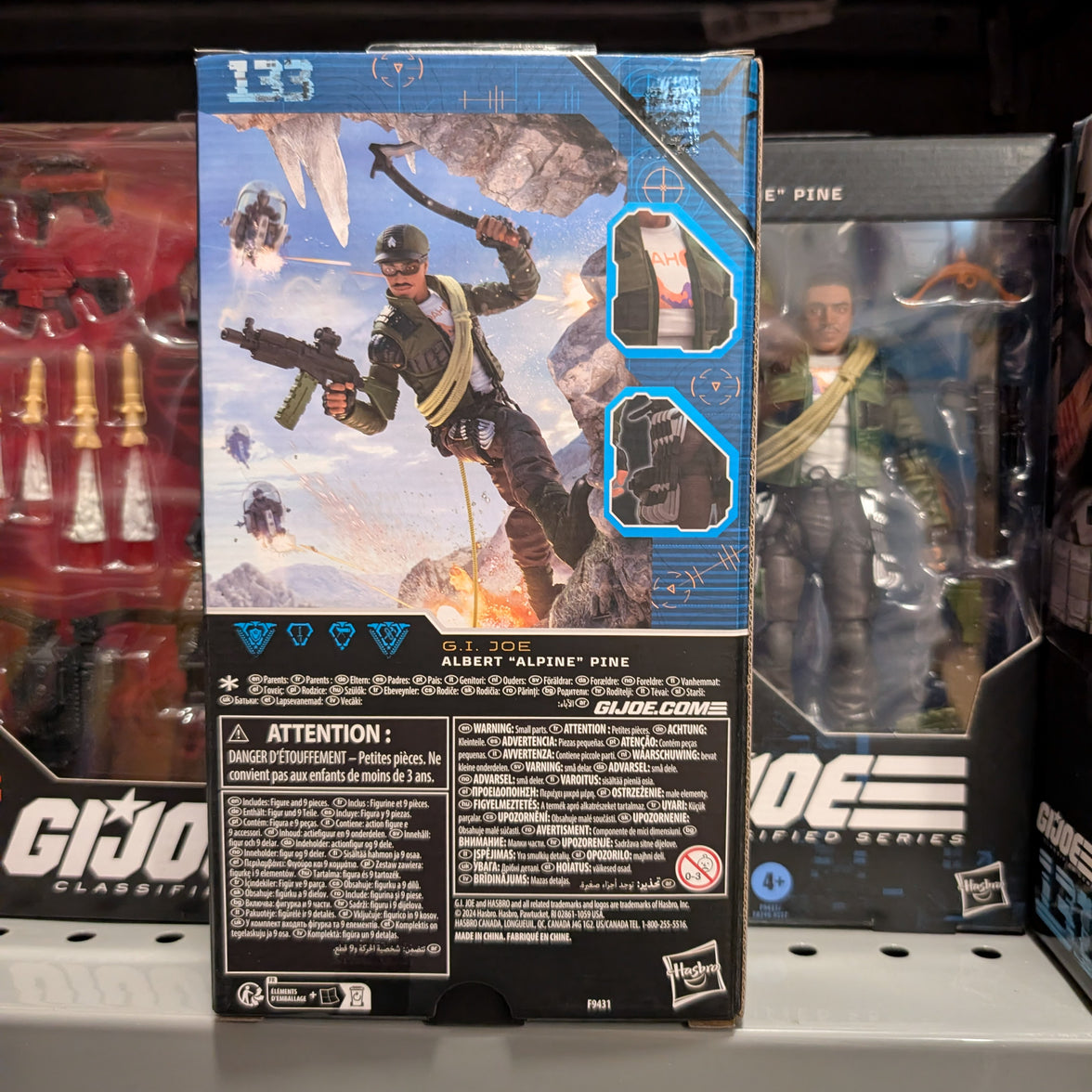 Hasbro G.I. Joe Classified Series Albert Alpine Pine 6-inch action figure packaging back view with accessories display