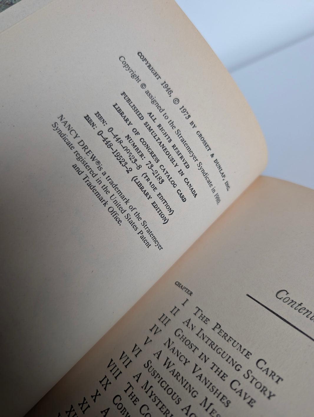 Copyright page of Grosset & Dunlap Nancy Drew Mystery book The Mystery of the Tolling Bell 1946 1973 edition