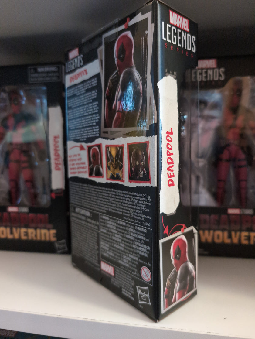 Deadpool Marvel Legends 6-inch action figure packaging by Hasbro displayed with Wolverine figures behind.