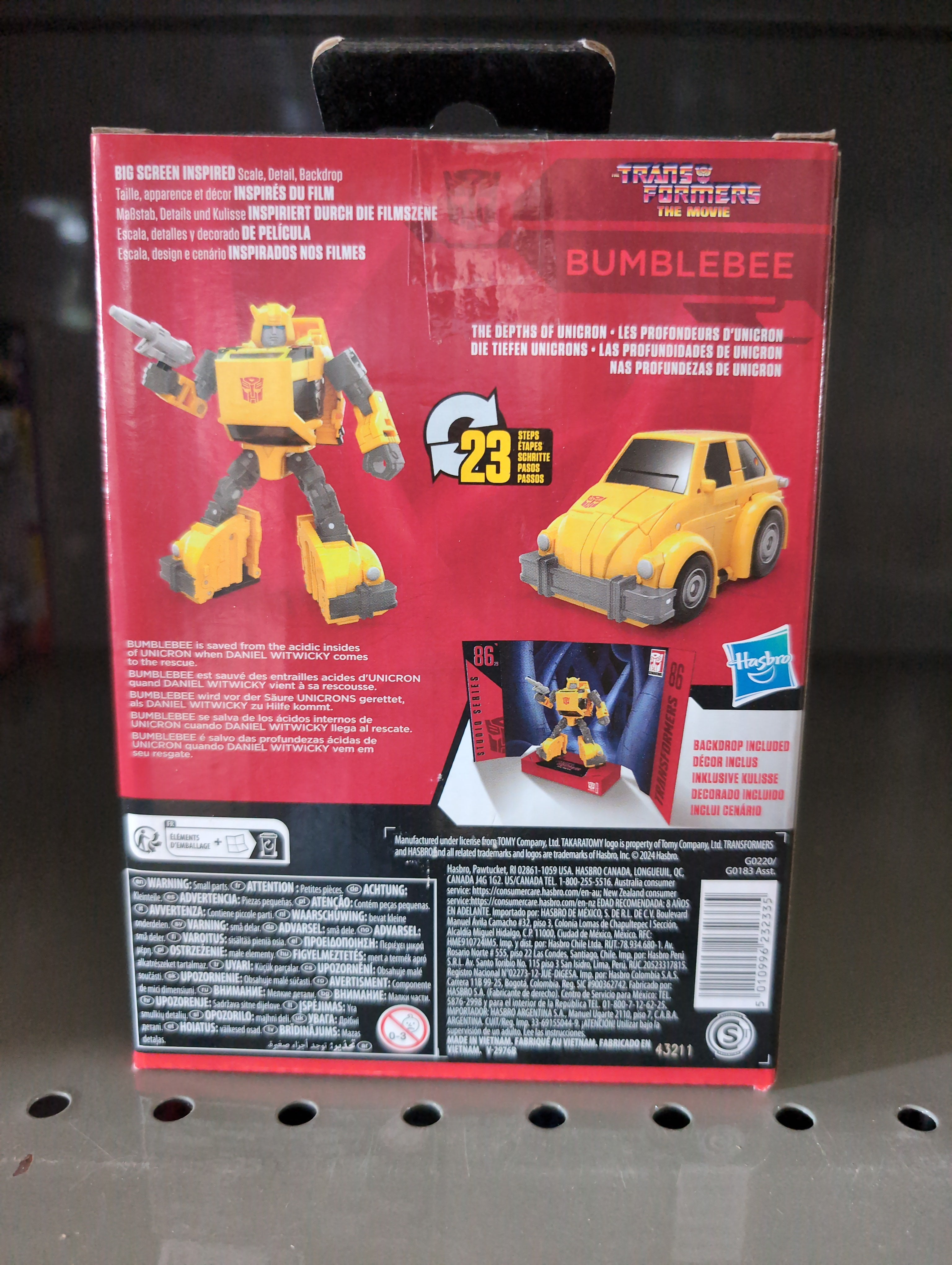 Back of Bumblebee Transformers The Movie Studio Series Action Figure 4.5" packaging by Hasbro with toy and vehicle images.