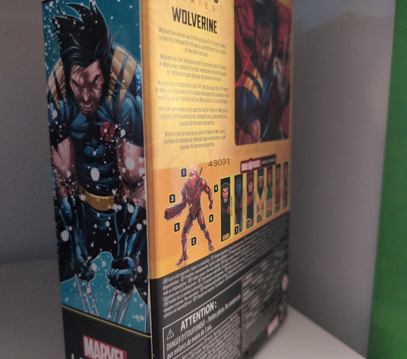 Hasbro Marvel Legends Wolverine Xtreme 6-inch action figure packaging box with character artwork and product details.