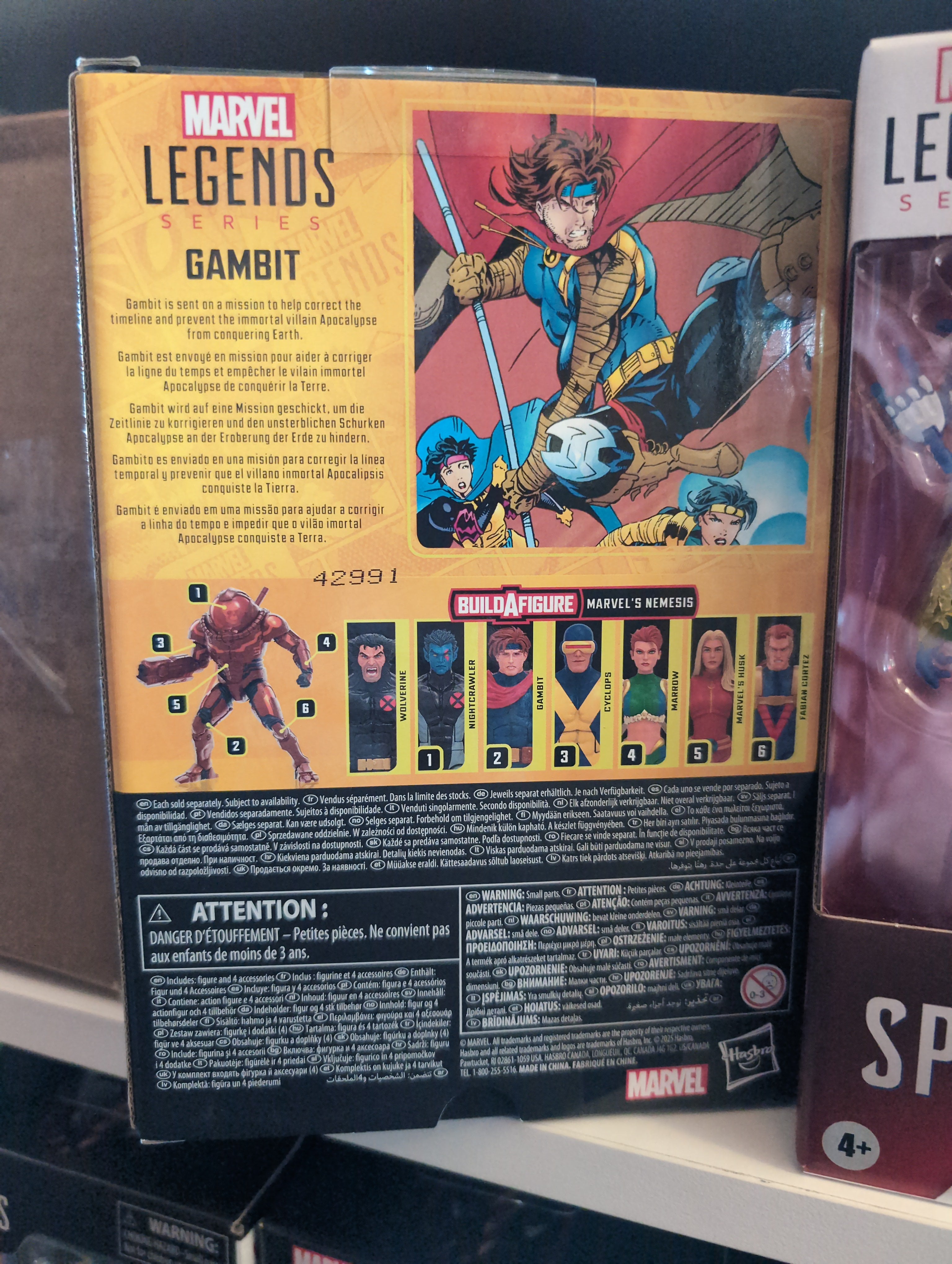 Hasbro Marvel Legends Gambit action figure packaging showcasing character details and build-a-figure parts.