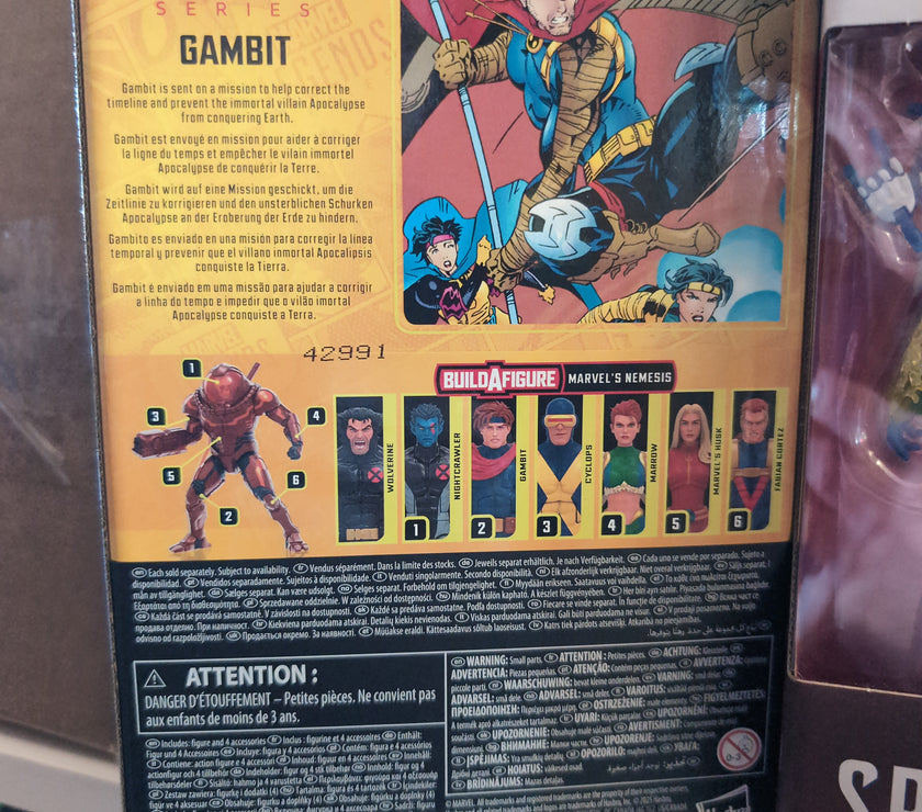 Hasbro Marvel Legends Gambit action figure packaging showcasing character details and build-a-figure parts.
