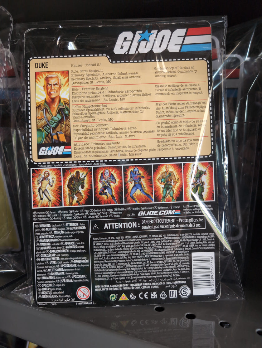 Hasbro GI Joe Duke action figure with retro O-Ring design in original packaging showing character details.