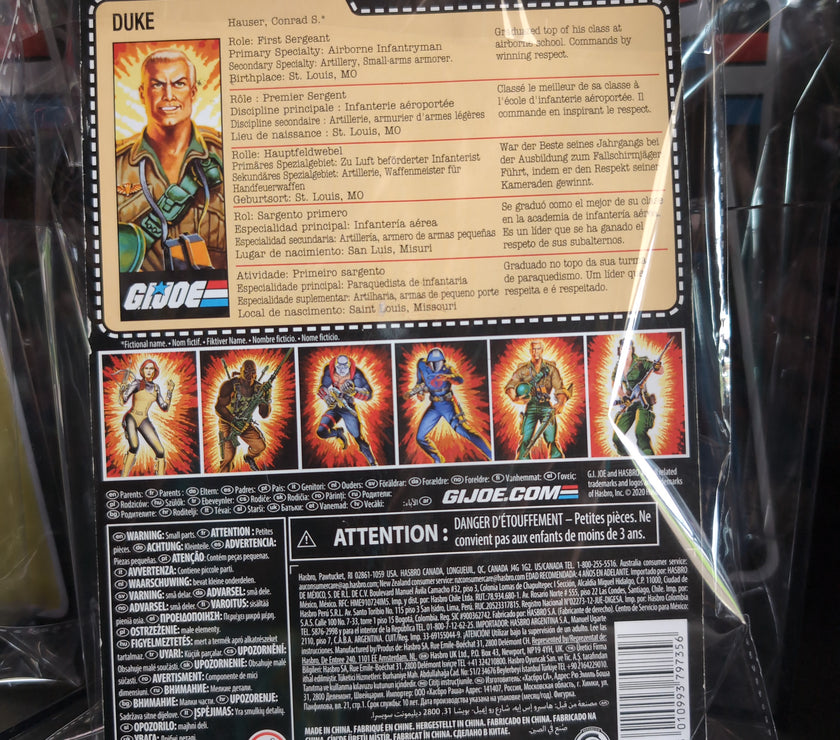 Hasbro GI Joe Duke action figure with retro O-Ring design in original packaging showing character details.