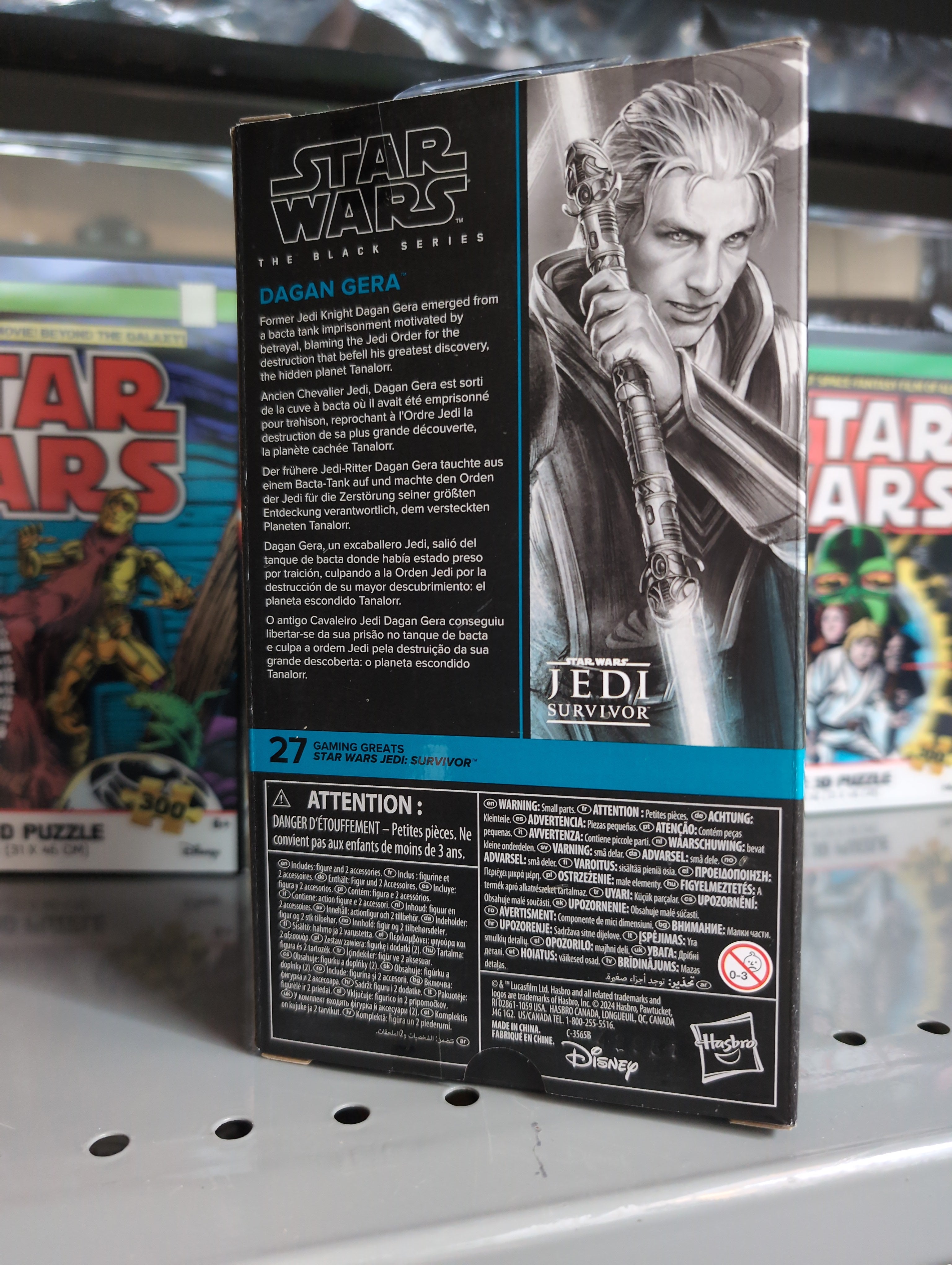 Hasbro Star Wars Black Series Dagan Gera Jedi Survivor action figure packaging featuring character image and story details.