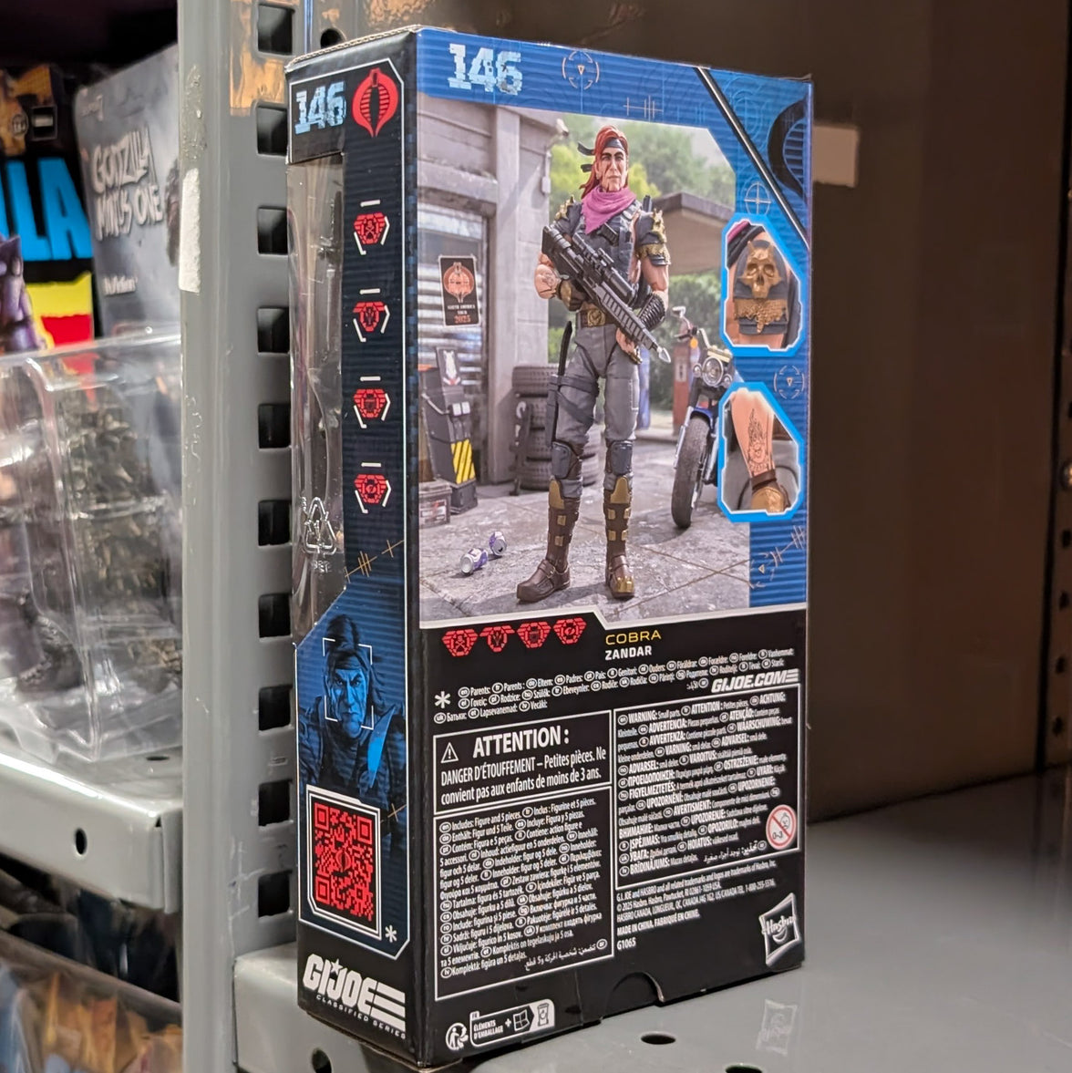 Hasbro GI Joe Classified Series 6-inch Zandar action figure in box with accessories and detailed packaging back view