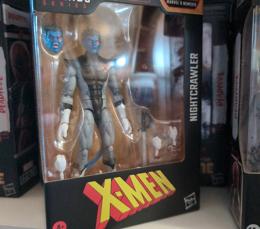 Hasbro Marvel Legends Nightcrawler action figure in packaging with X-Men and Build a Figure logo visible
