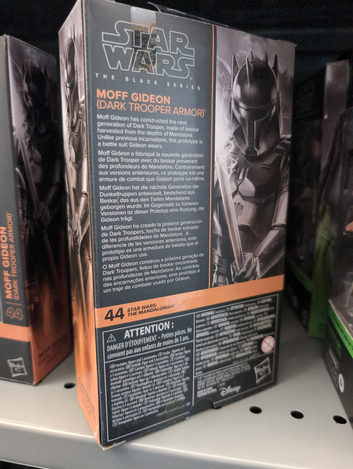 Hasbro Star Wars Black Series Moff Gideon Dark Trooper Armor 6-inch collectible action figure in packaging