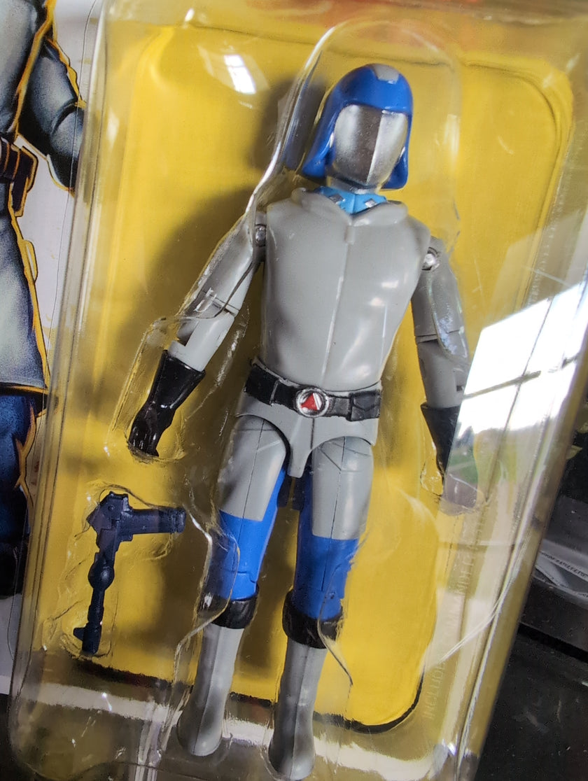 Hasbro Cobra Commander Arctic GI Joe action figure in blue and gray cold-weather gear with blaster accessory in packaging