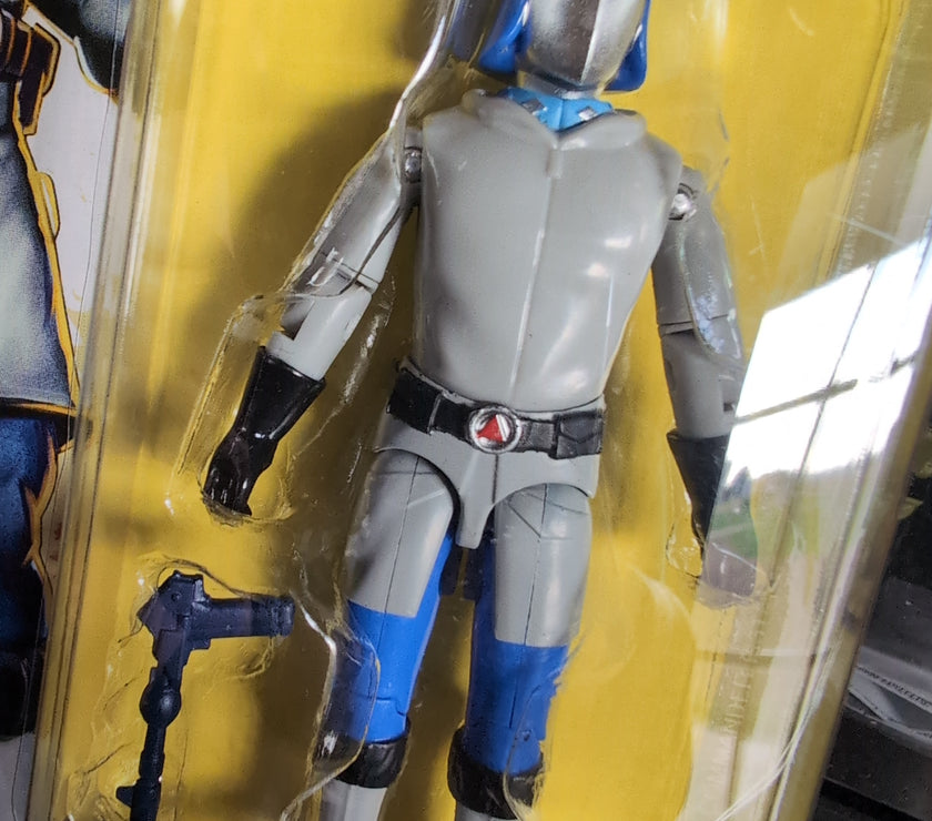 Hasbro Cobra Commander Arctic GI Joe action figure in blue and gray cold-weather gear with blaster accessory in packaging