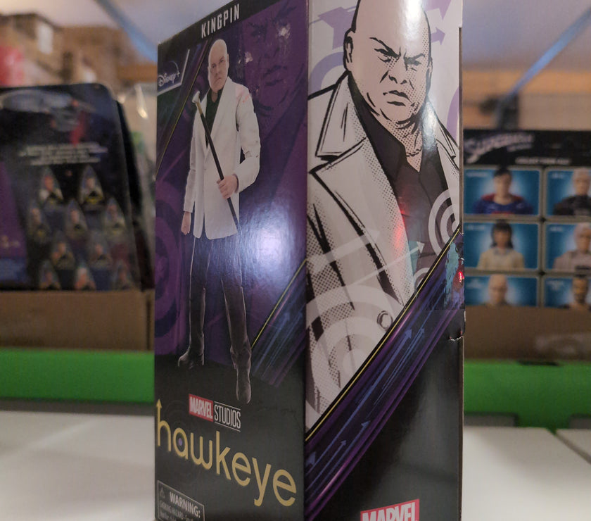 Hasbro Marvel Legends Kingpin Hawkeye 6-inch action figure in sealed collectible packaging side view