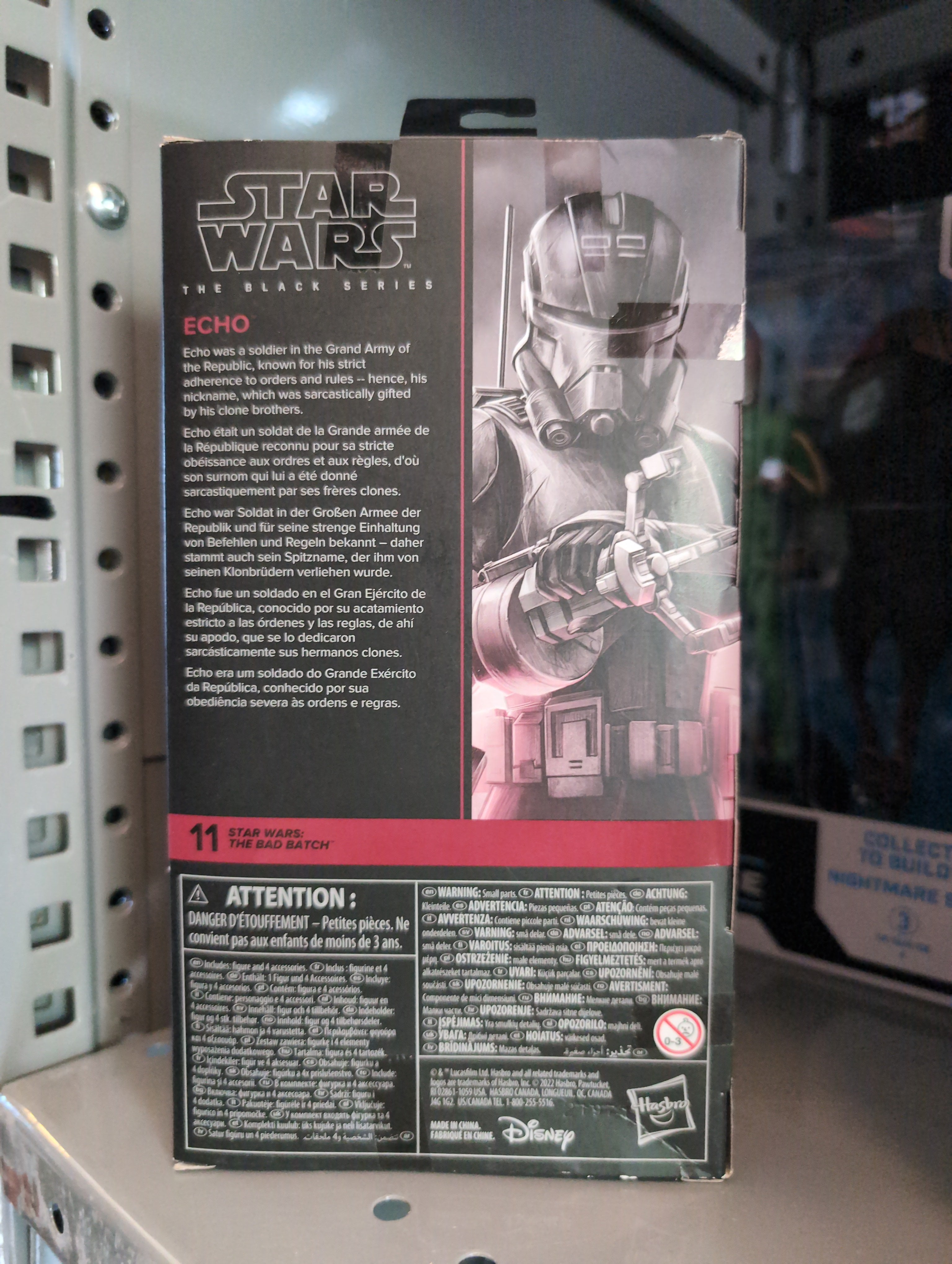 Hasbro Star Wars Black Series Echo action figure packaging with detailed character description and warnings