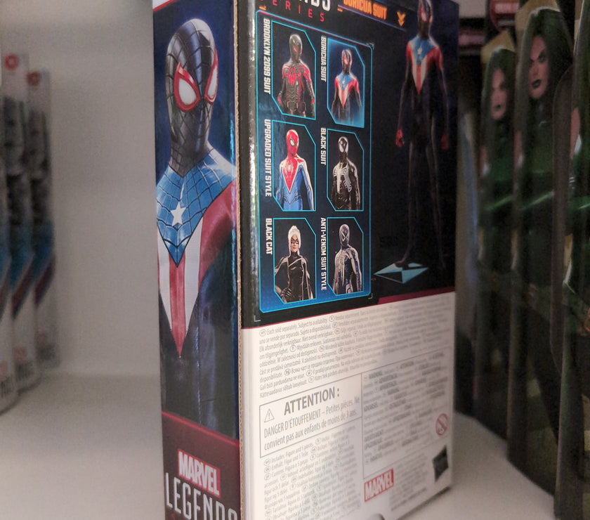 Hasbro Marvel Legends Gamerverse Miles Morales Boricua Suit action figure box with detailed character images and logos