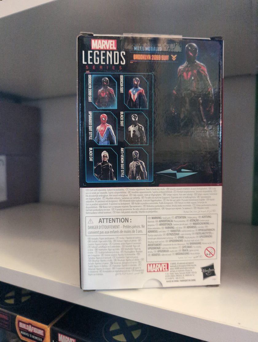 Hasbro Marvel Legends Series Miles Morales Brooklyn 2099 Suit action figure packaging showcasing multiple suit designs.
