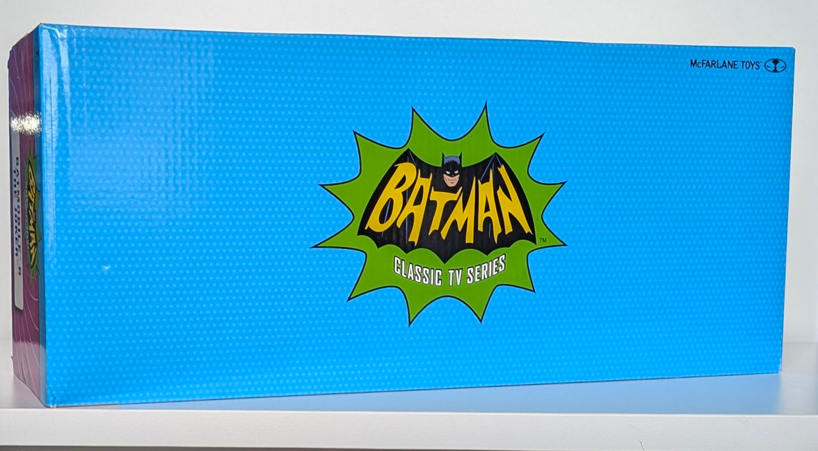 McFarlane Toys Batman '66 Batmobile and Joker Bat Mobile 1/12 scale collectible box side view with logo