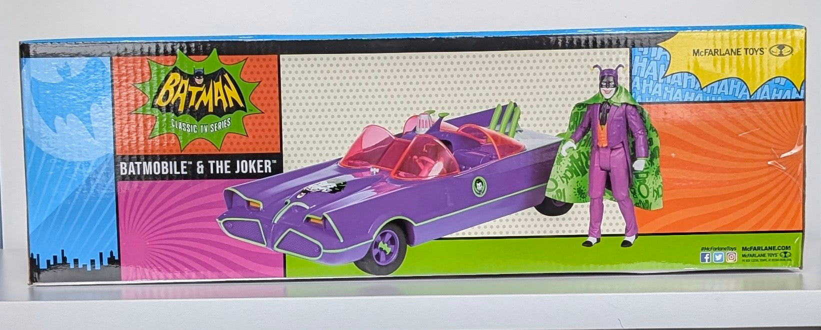 McFarlane Batman '66 Batmobile and Joker Bat Mobile 1/12 scale with Joker figure in colorful box packaging