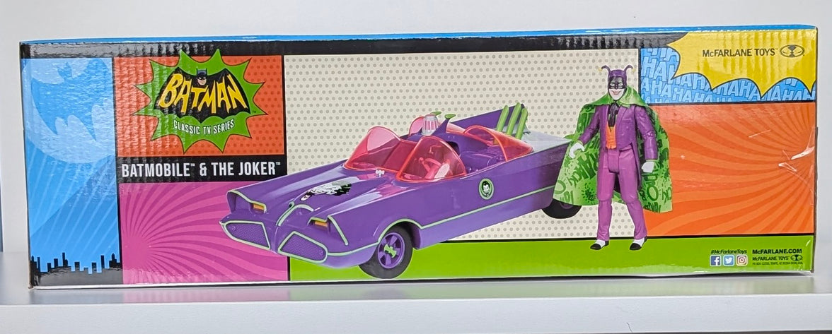 McFarlane Batman '66 Batmobile and Joker Bat Mobile 1/12 scale with Joker figure in colorful box packaging