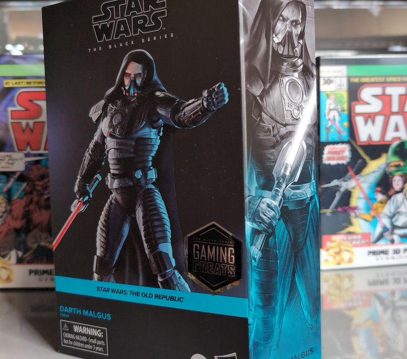 Hasbro Star Wars Black Series Darth Malgus action figure box with lightsaber from The Old Republic game.