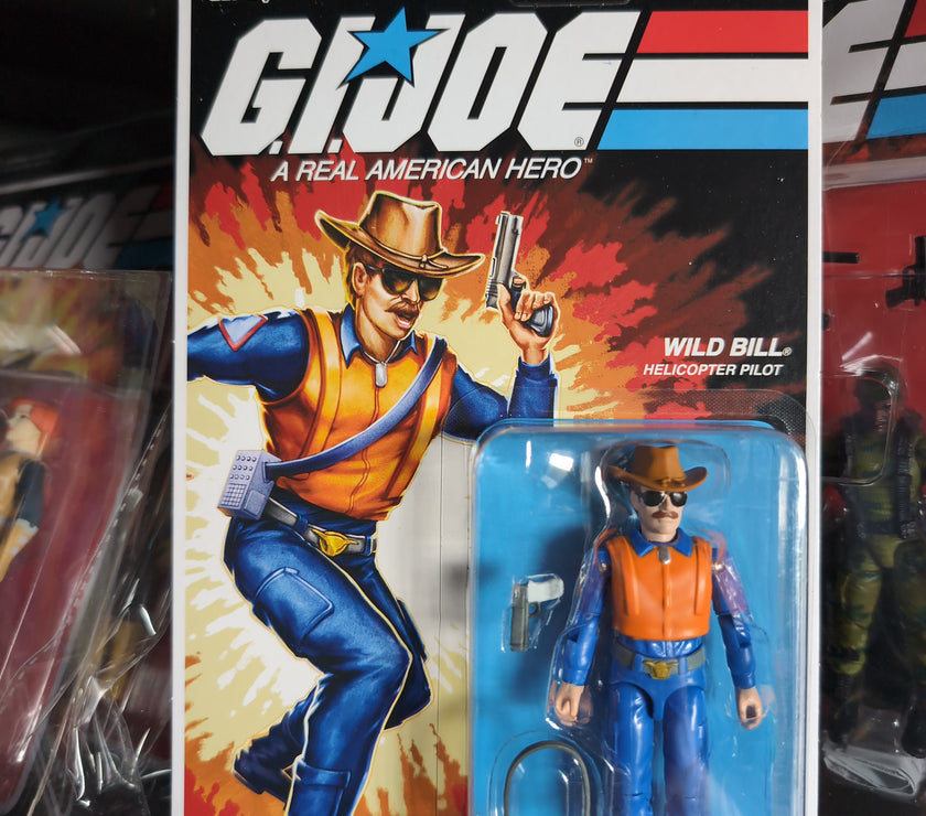 Hasbro G.I. Joe Wild Bill Helicopter Pilot action figure in classic packaging with cowboy hat and accessories