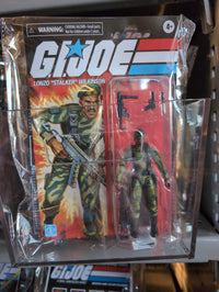 GI Joe Lonzo Stalker Wilkinson action figure in original Hasbro packaging with accessories and retro artwork.