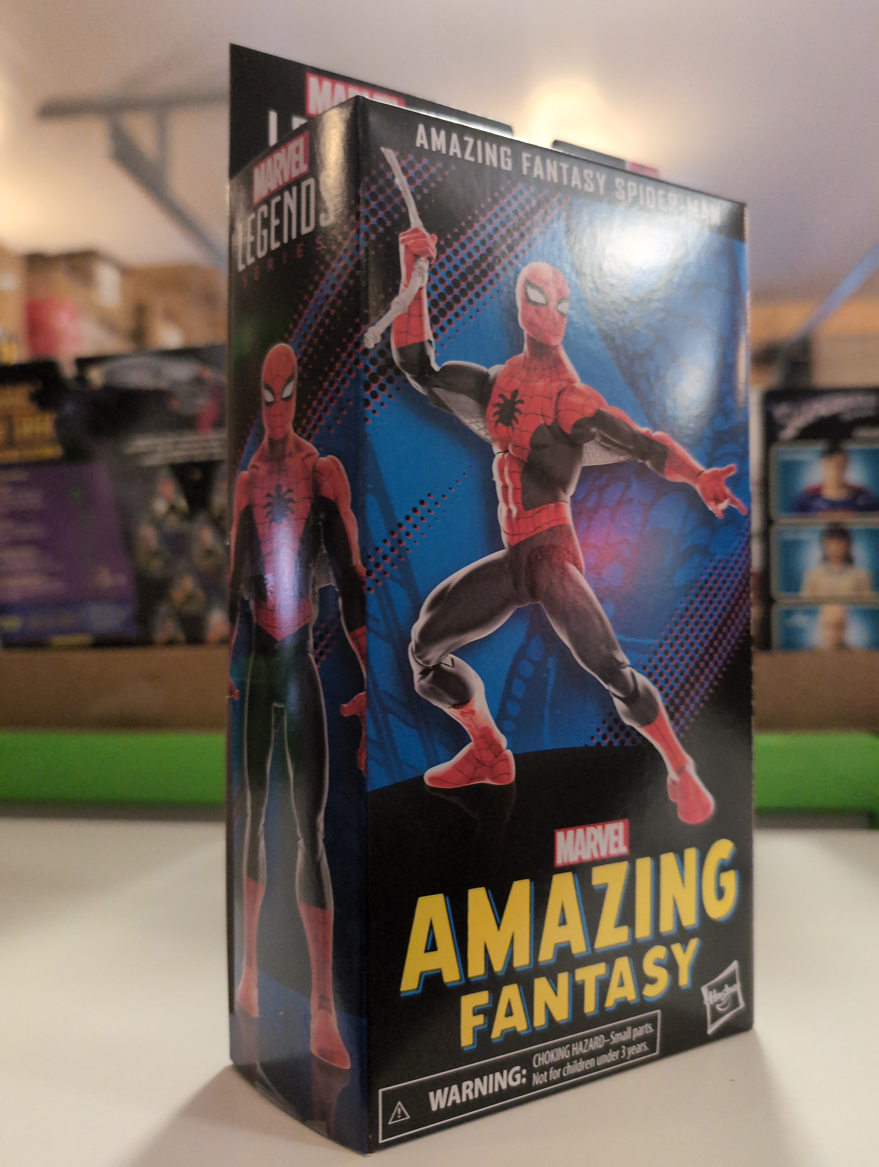 Hasbro Marvel Legends Amazing Fantasy Spider-Man 6 inch action figure packaging with dynamic pose artwork