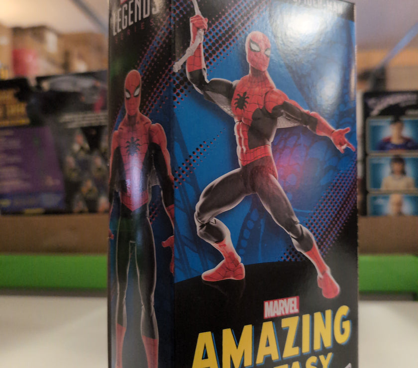 Hasbro Marvel Legends Amazing Fantasy Spider-Man 6 inch action figure packaging with dynamic pose artwork